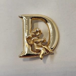 L Razza Angel Cherub Letter Initial D Brooch Pin Vintage Jewelry Gold Tone